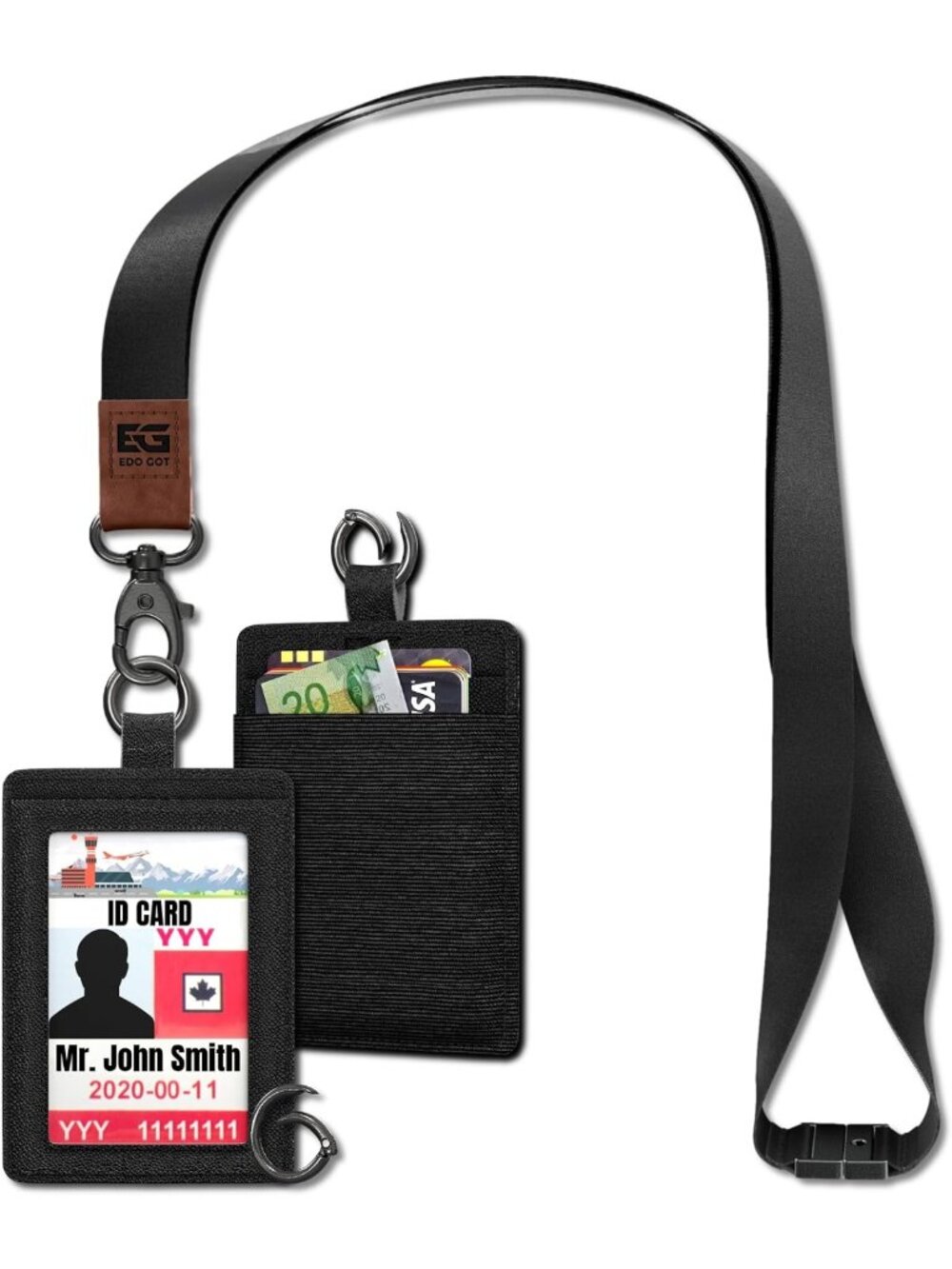 Premium Black Genuine Leather ID Badge Holder with Lanyard & Elastic Pocket